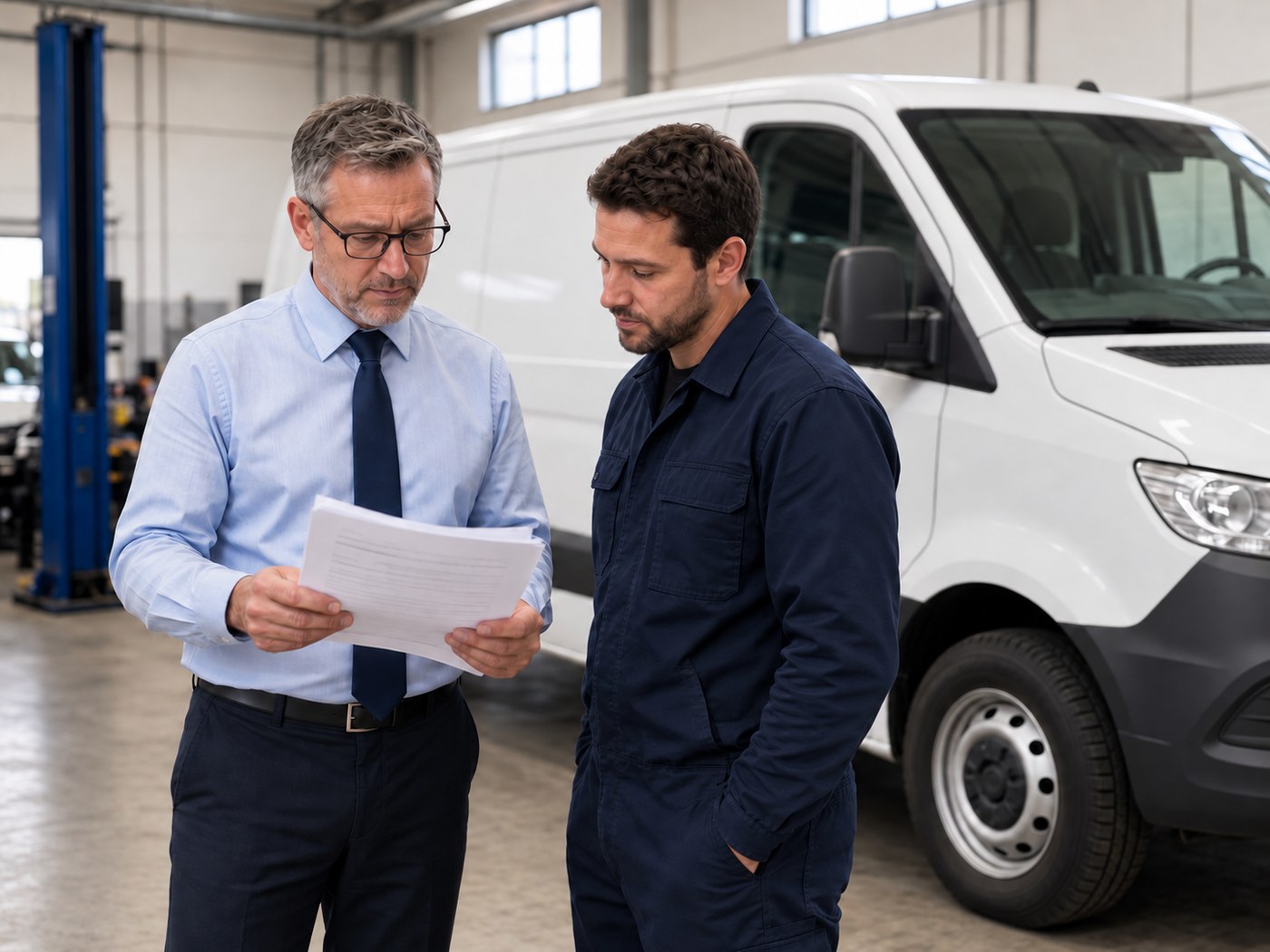 Fleet manager reviewing service details with a Valvoline Express Care Fate technician