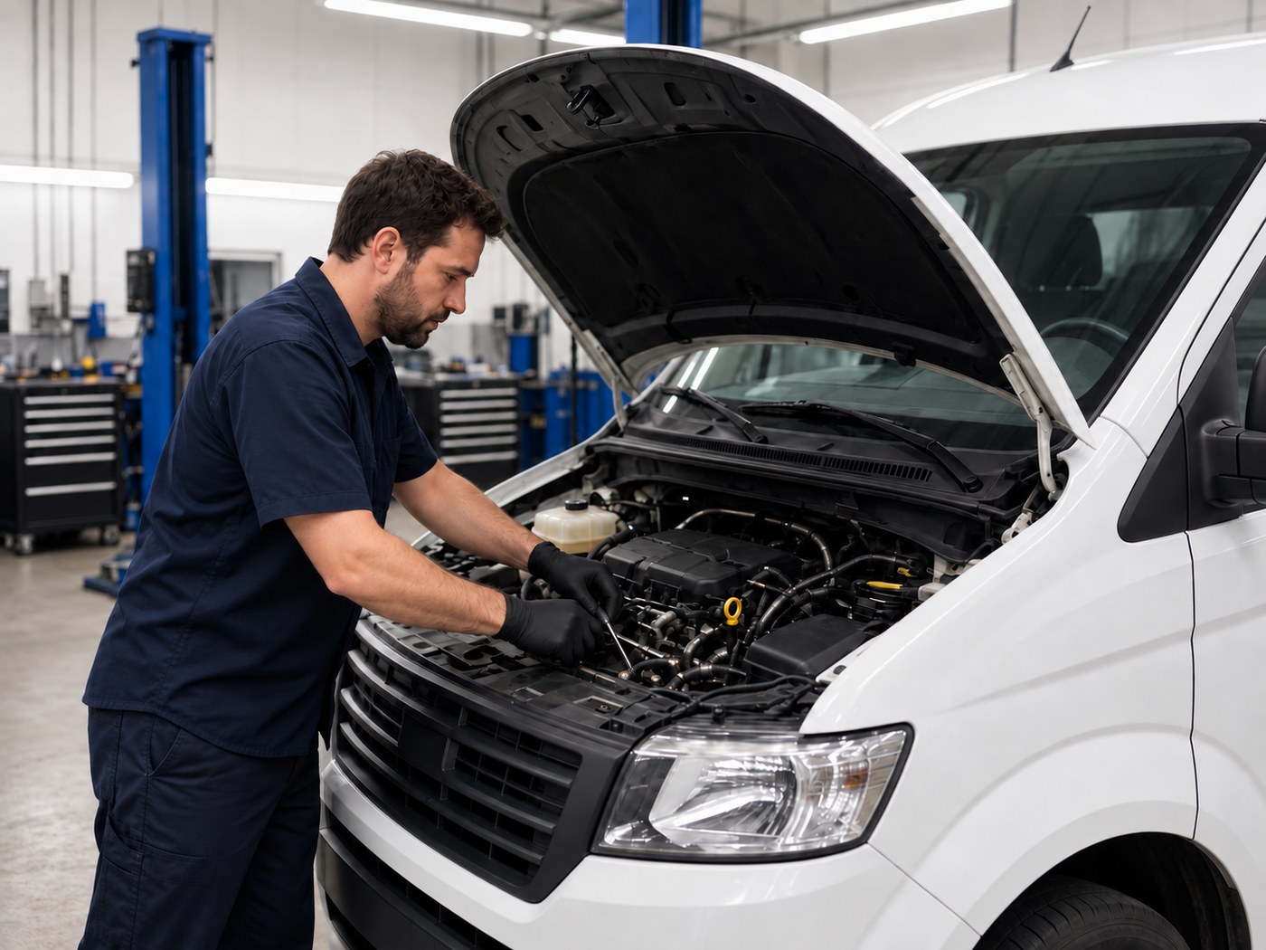 Valvoline Express Care Fate technician servicing a commercial work van