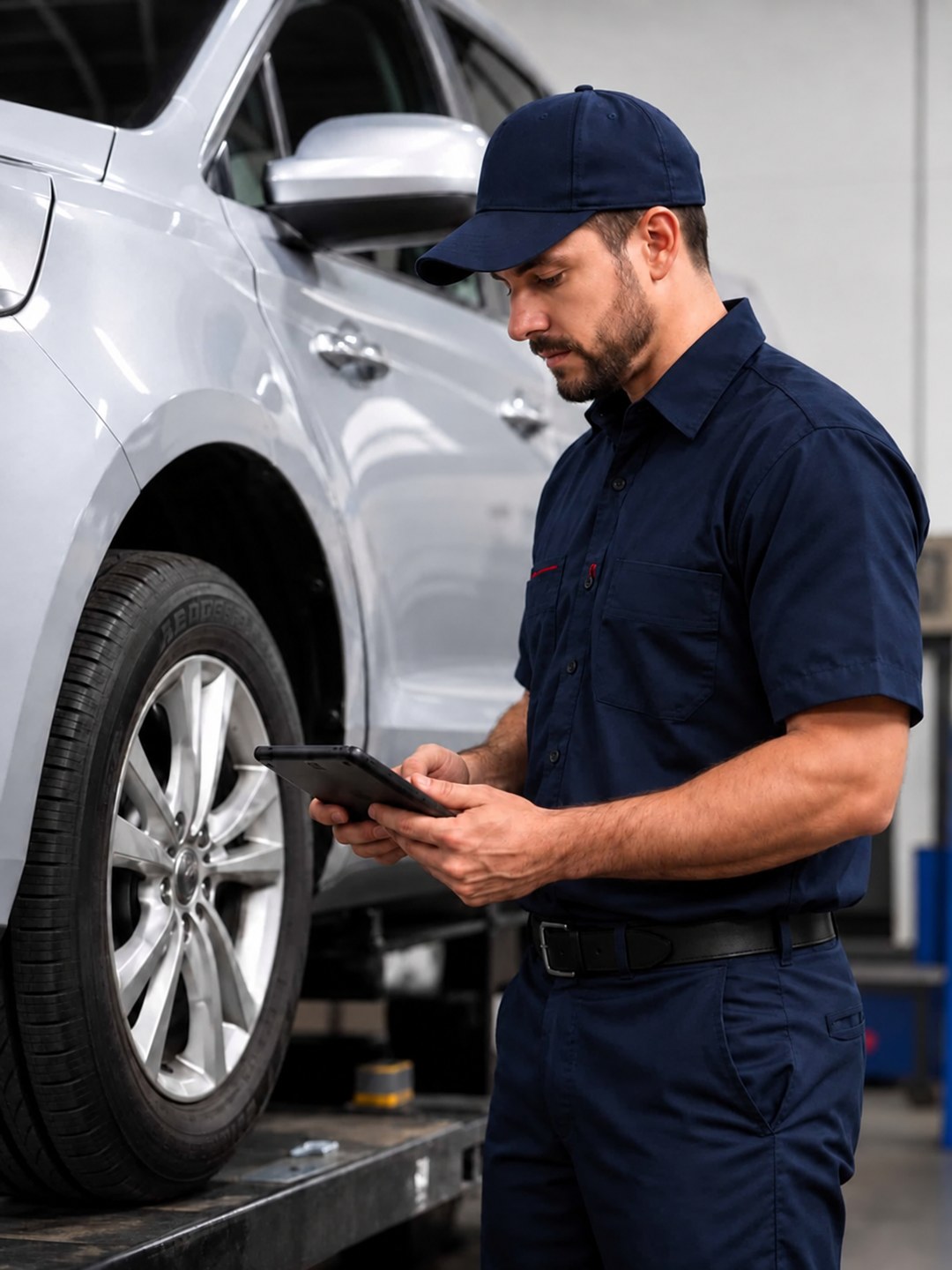 Valvoline Express Care Fate technician completing a vehicle inspection on a tablet
