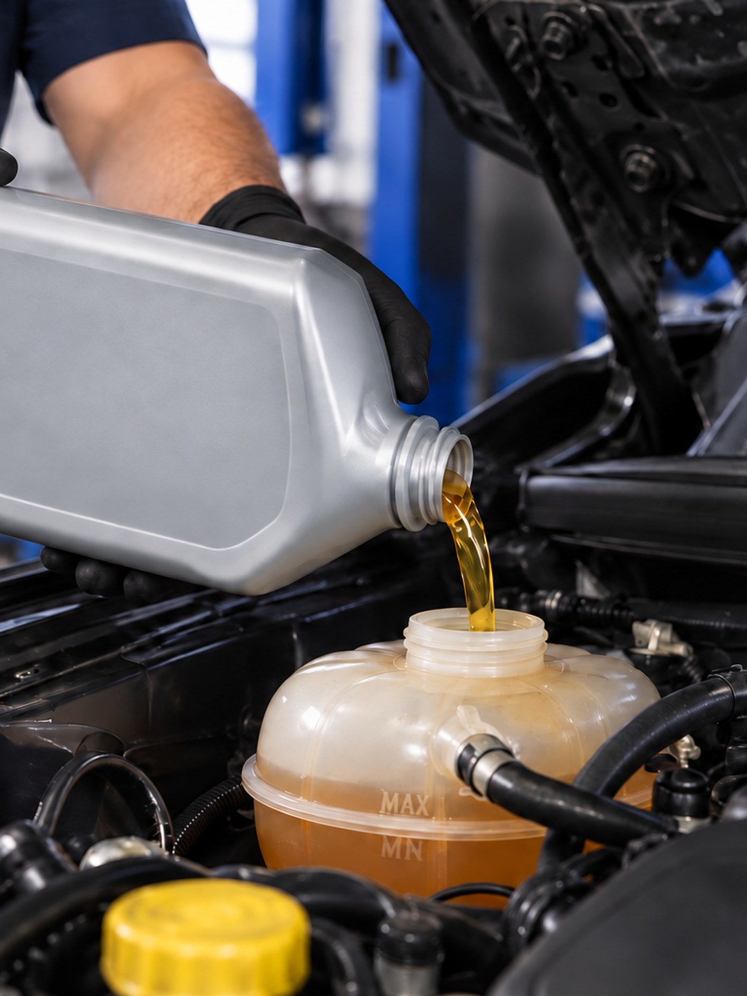 Technician pouring coolant during preventive maintenance