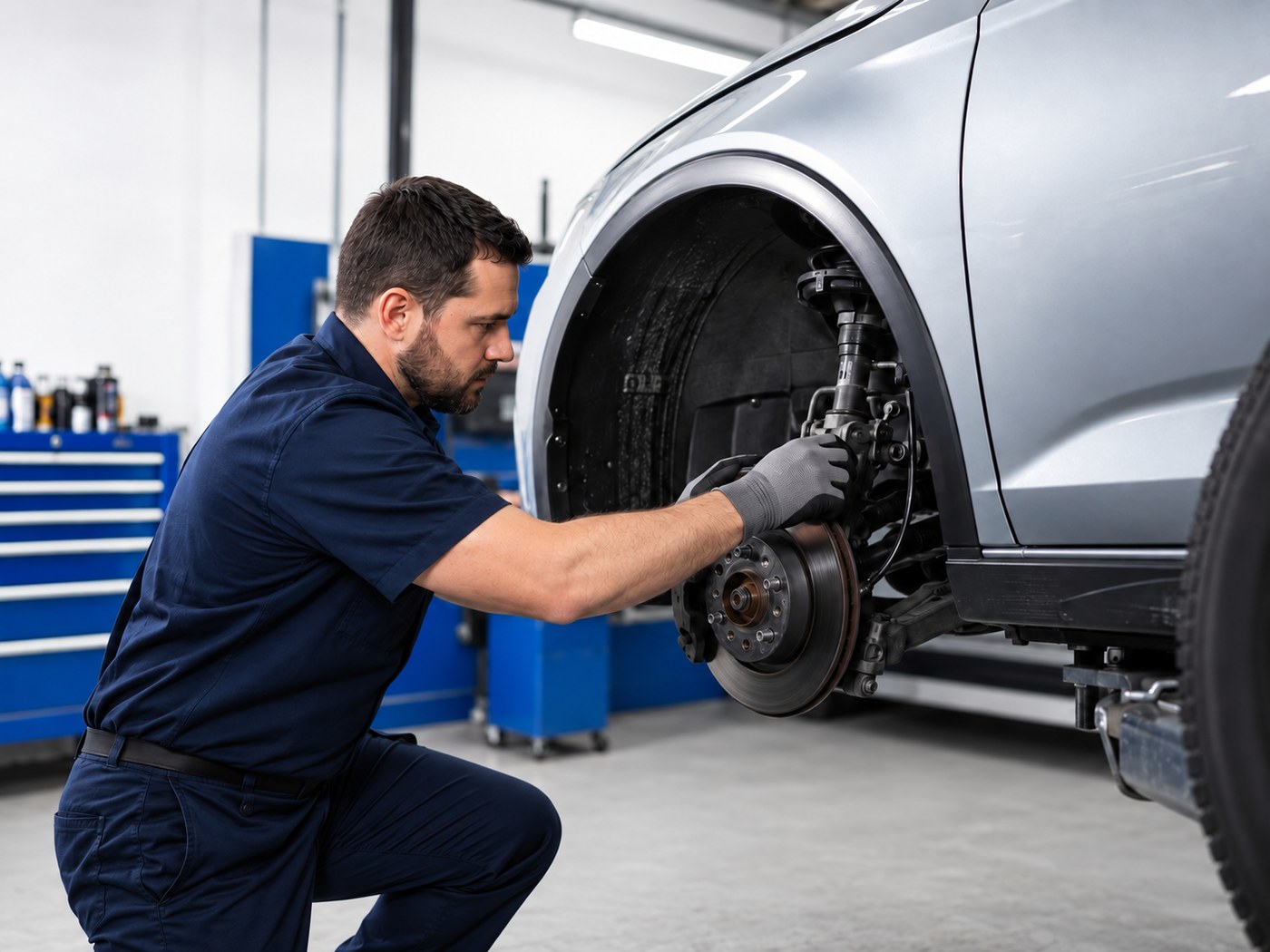 Valvoline Express Care Fate technician repairing brake and suspension components in a Fate TX service bay