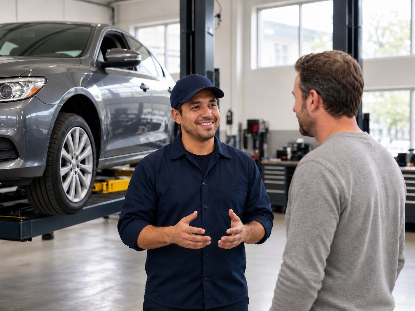 Valvoline Express Care Fate technician explaining recommendations to a customer in a Fate TX service bay