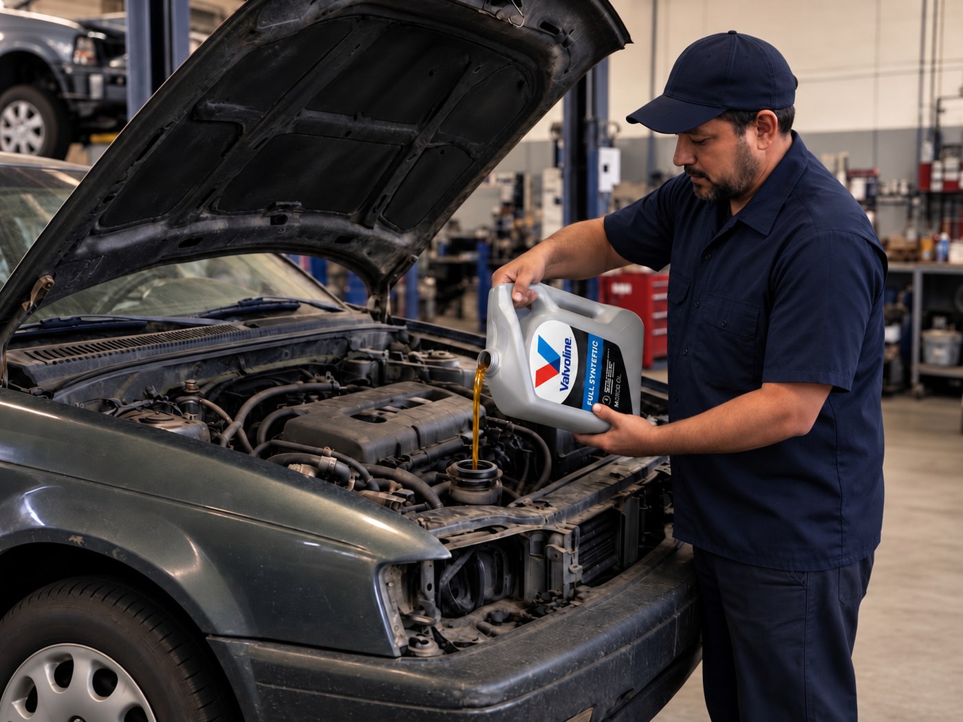 Valvoline Express Care Fate technician pouring oil during a conventional oil change