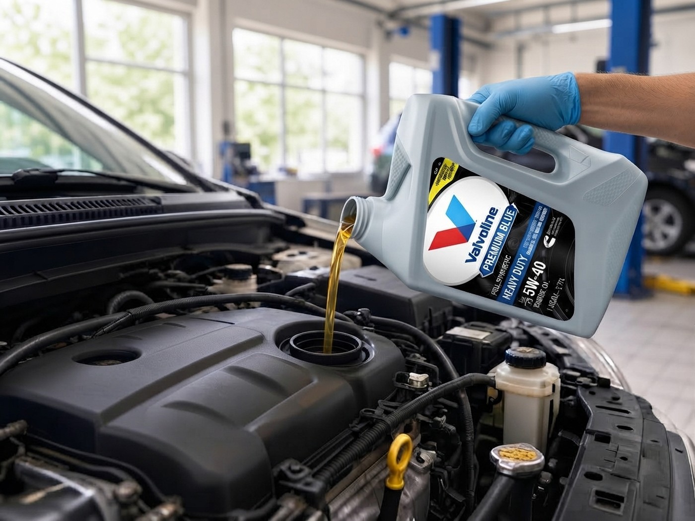 Technician pouring Valvoline oil during a synthetic blend oil change
