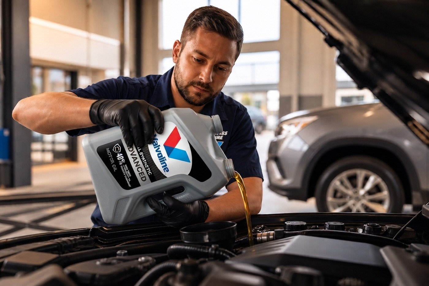 Technician pouring Valvoline Advanced Full Synthetic during a quick oil change