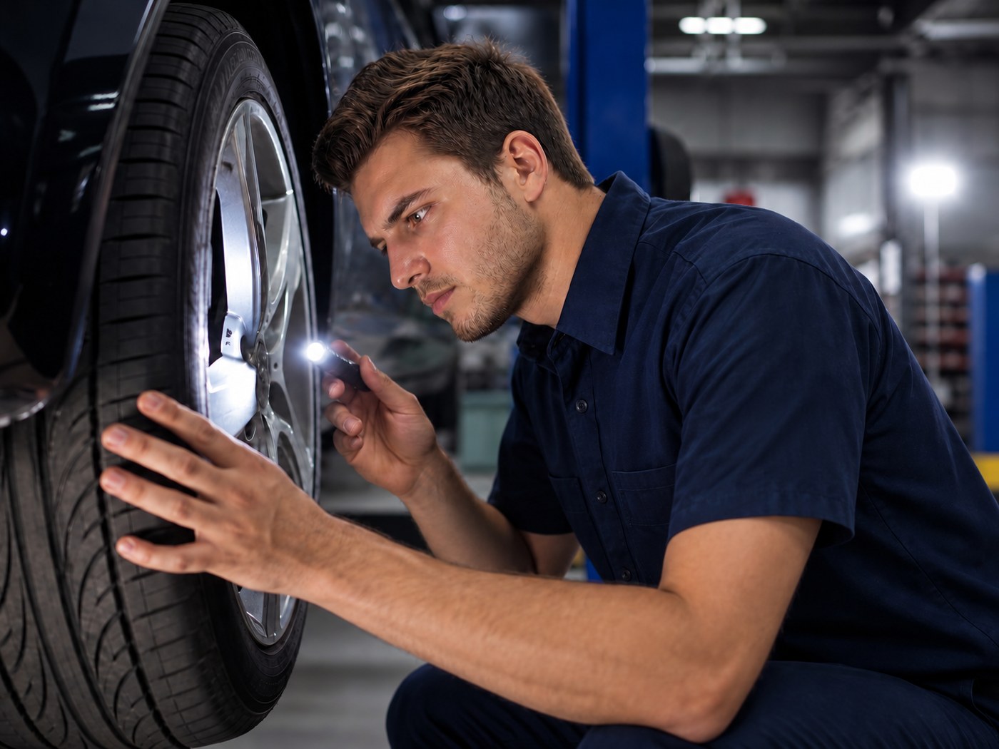 Valvoline Express Care Fate technician inspecting a tire and brake area with a flashlight