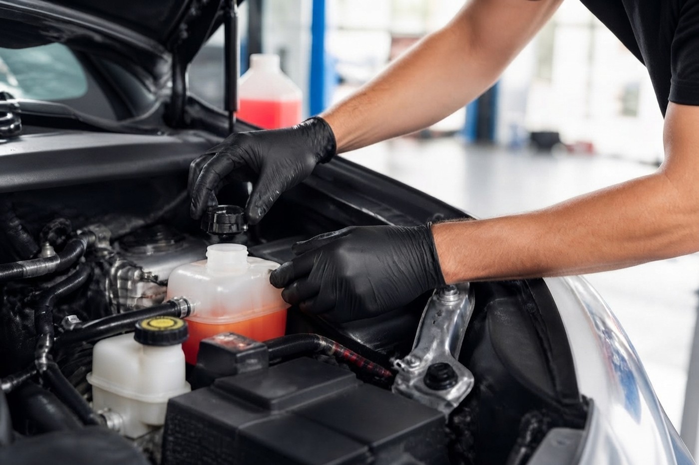 Technician checking engine fluids during preventive maintenance