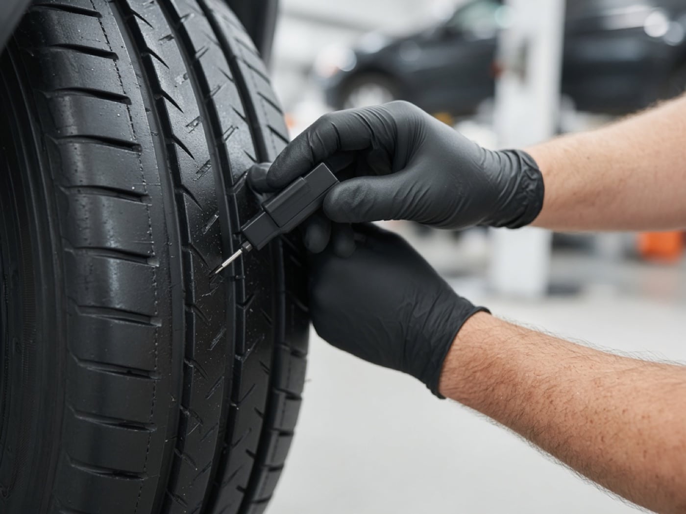 Technician measuring tire tread during multi-point inspection