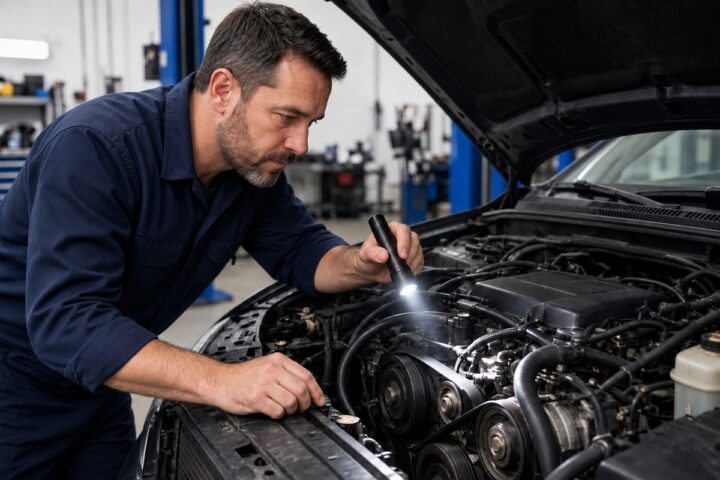 Technician inspecting belts and hoses under the hood