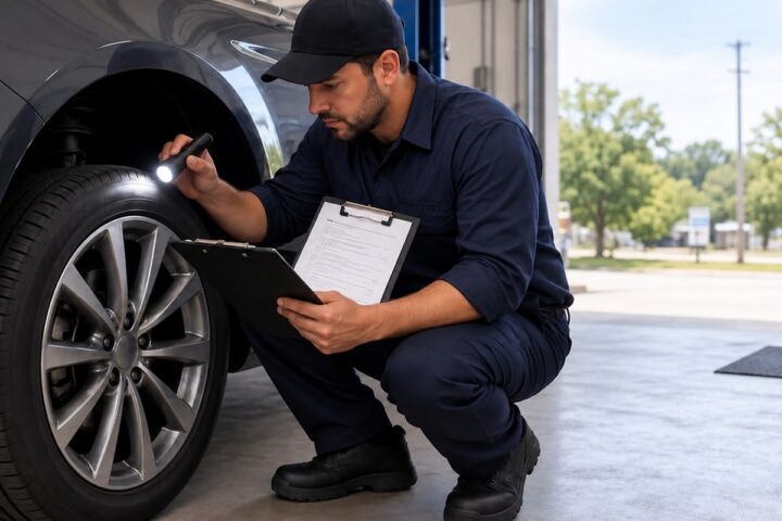 Technician inspecting tire with flashlight during multi-point vehicle inspection
