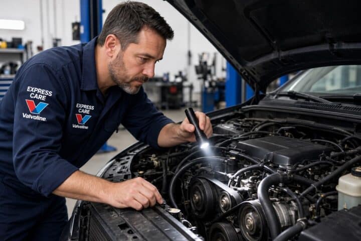 Technician inspecting belts and hoses under the hood