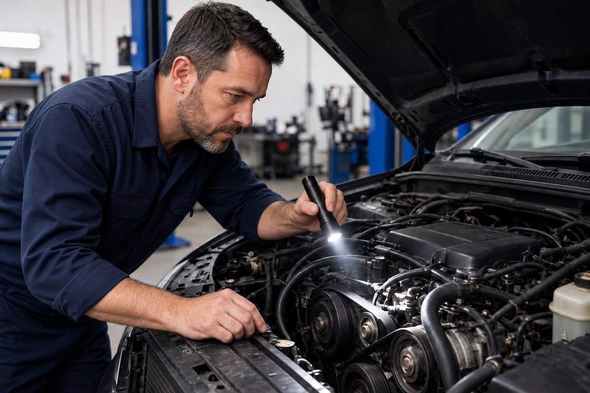 Cabin Air Filter Replacement: Symptoms, Timing, and What to Expect 1 Technician inspecting under the hood during a multi-point vehicle check at Valvoline Express Care Fate