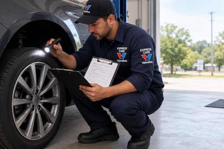 Valvoline Express Care Fate technician inspecting a tire with flashlight during multi-point inspection