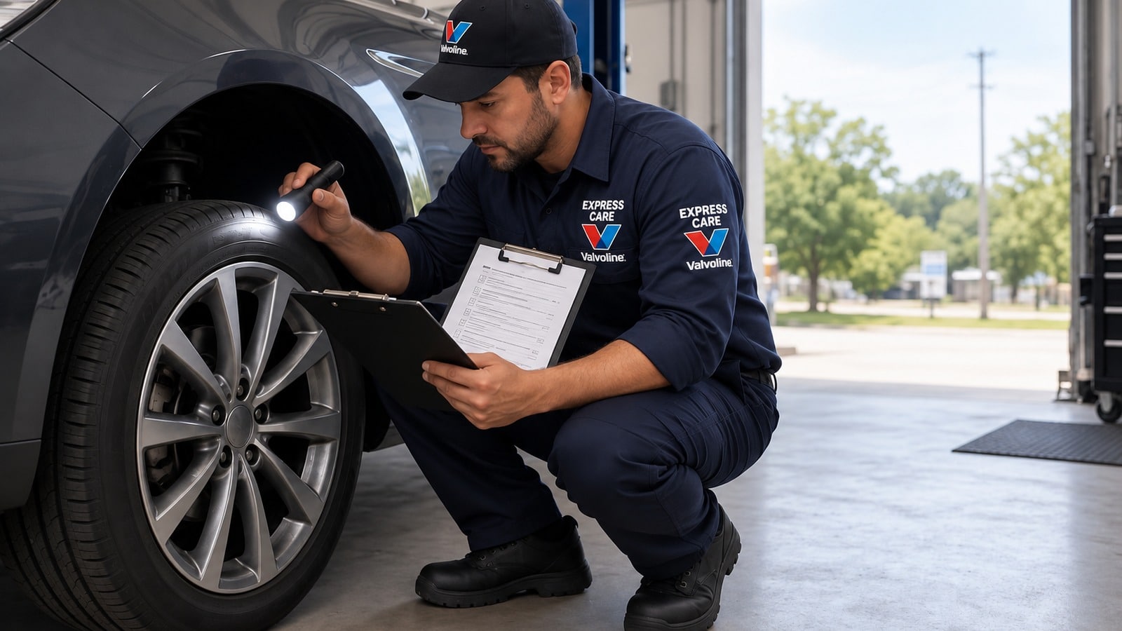 Car Battery Testing: Catch a Weak Battery Before It Strands You 1 Technician inspecting a tire and undercarriage area during a multi-point check
