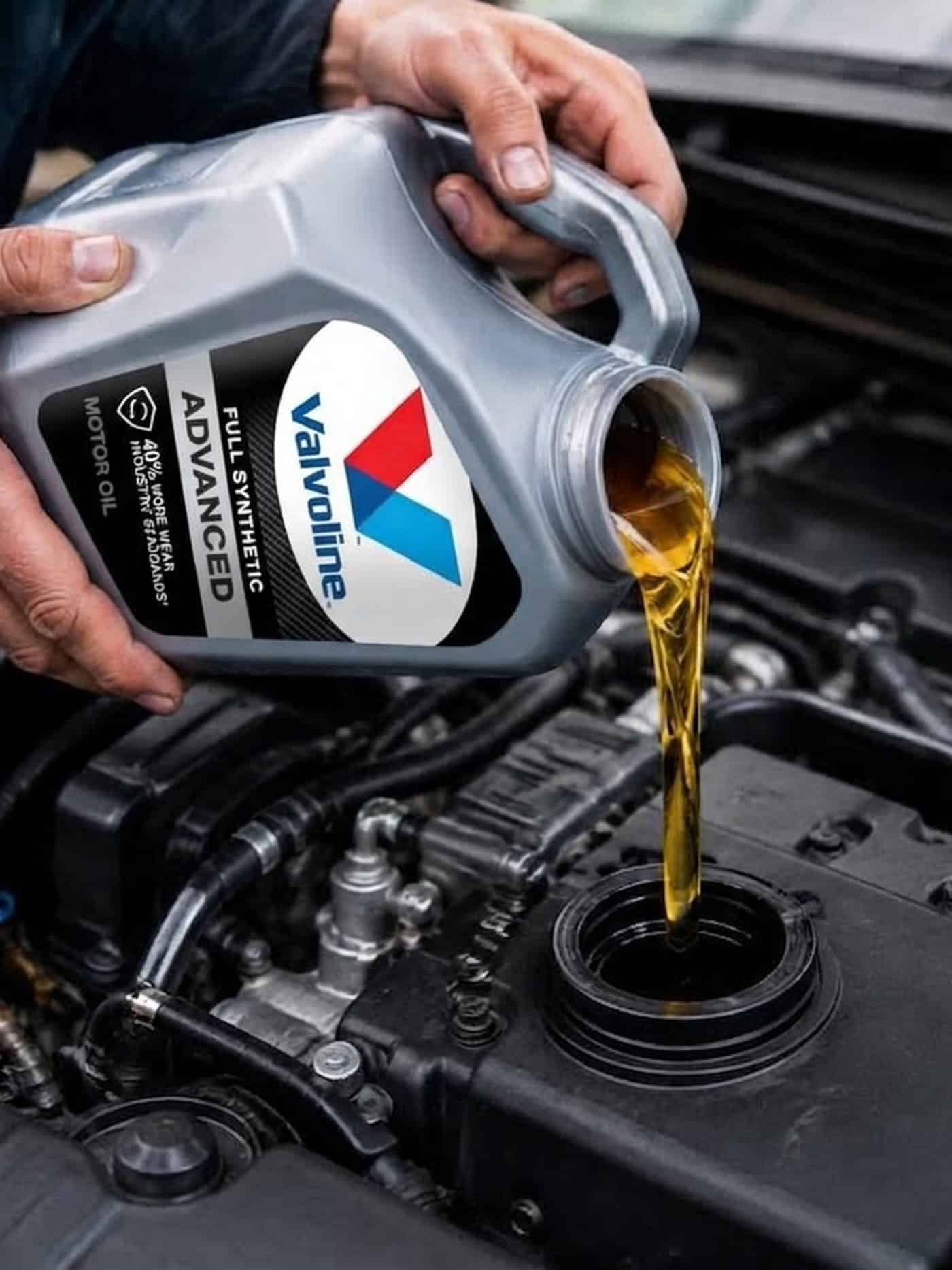 Valvoline Full Synthetic Advanced motor oil being poured into an engine