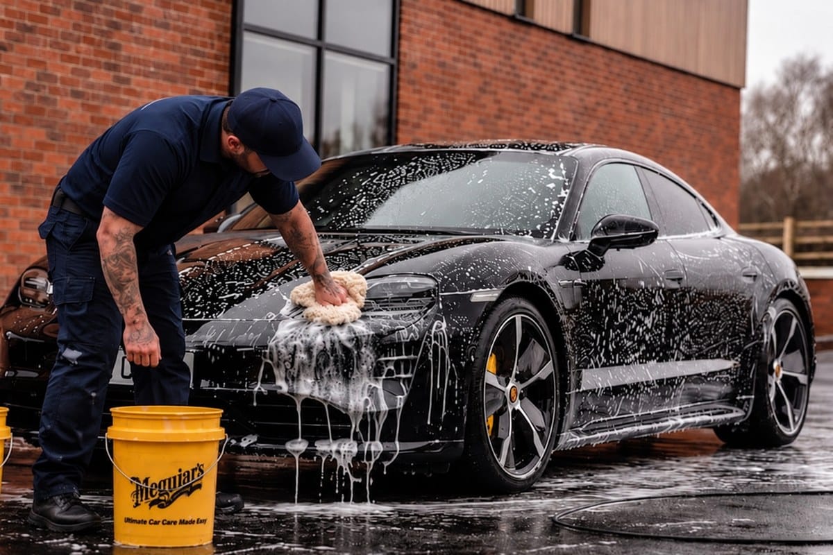 Why Preventive Maintenance Keeps You on the Road Longer 1 Valvoline Express Care Fate technician hand-washing a vehicle during preventive care