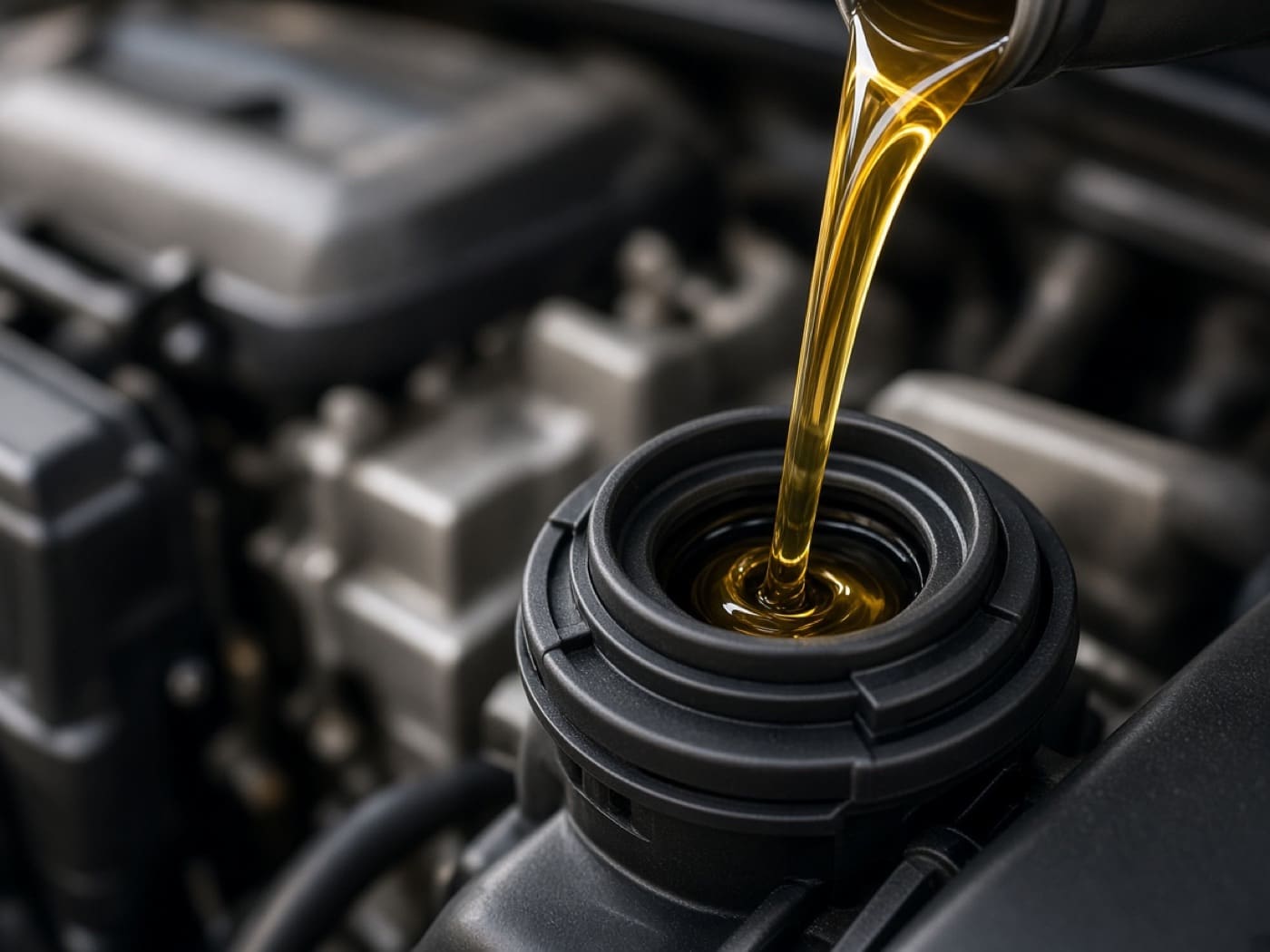 Full synthetic motor oil pouring into an engine filler