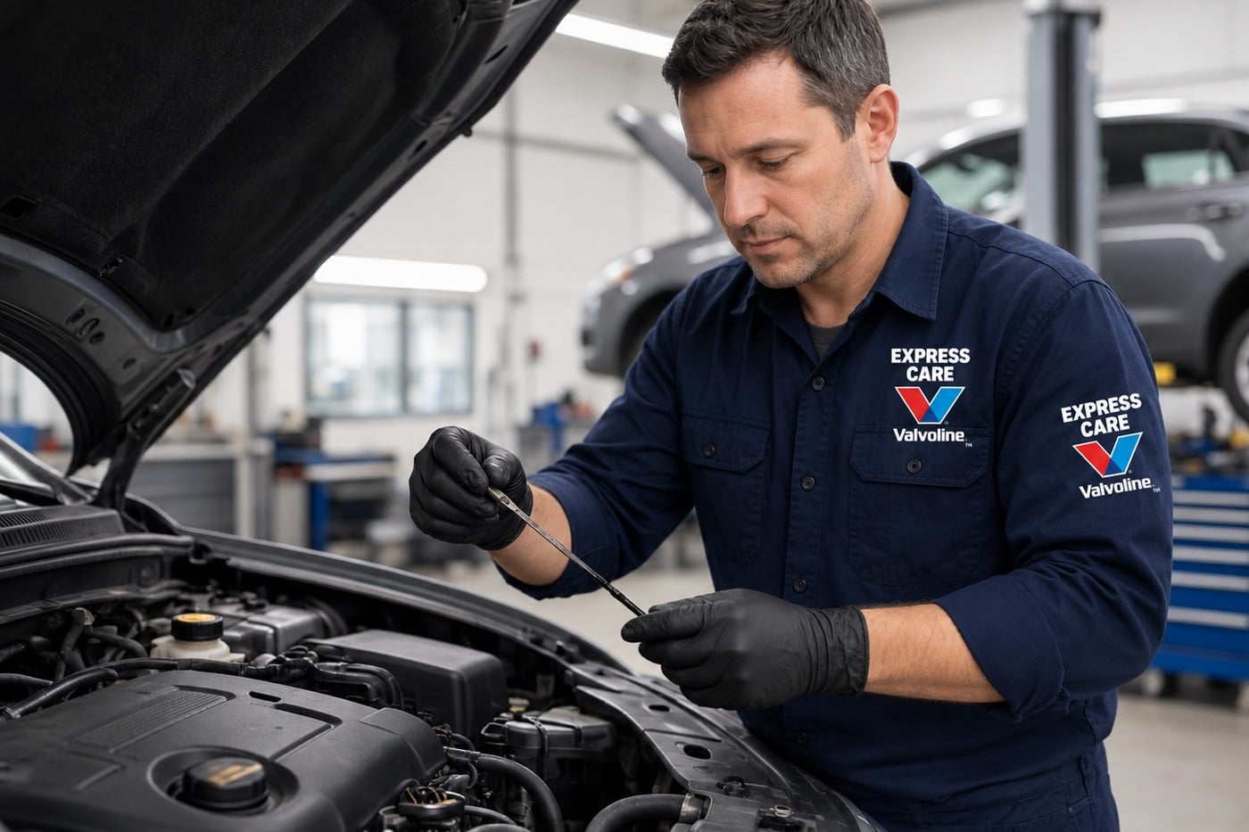 Valvoline Express Care Fate technician checking oil on a dipstick