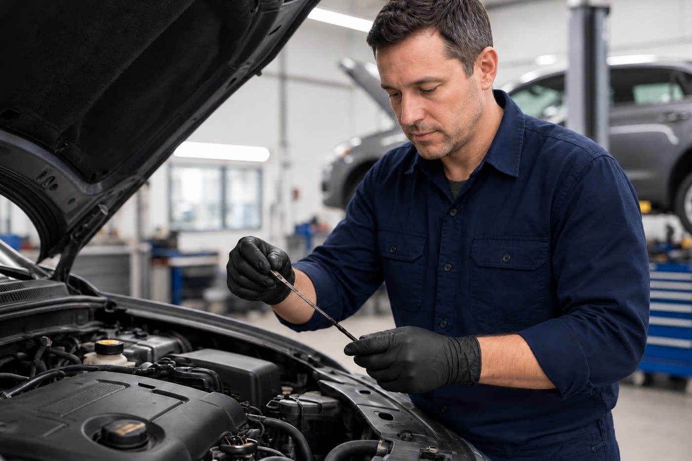 Valvoline Express Care Fate technician checking an oil dipstick under an open hood