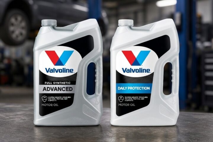 Valvoline Full Synthetic Advanced and Daily Protection oil jugs on a shop workbench