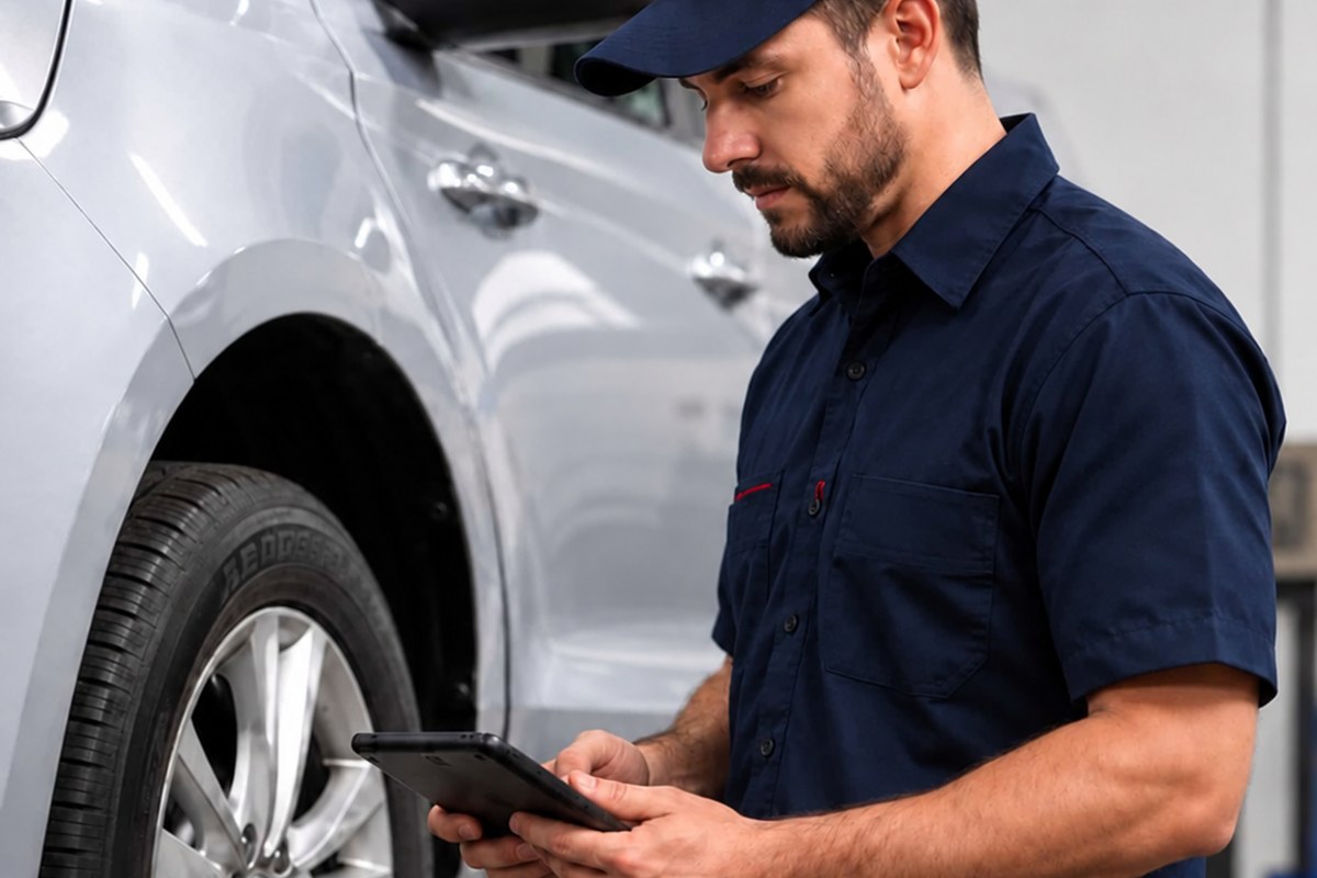 Technician reviewing vehicle condition during service at Valvoline Express Care Fate